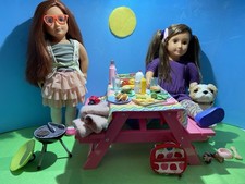 Our Generation Picnic Table with BBQ &2 Dolls & Dog Food Accessory Set In vgc