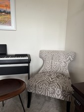 Eliza chair is a deeply padded seat upholstered in a silver, zebra print fabric