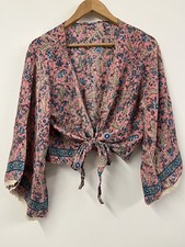 Pink Silk Top Bolero Wrap Shrug Indian Retro Boho Vintage Floral Crochet Sleeve 