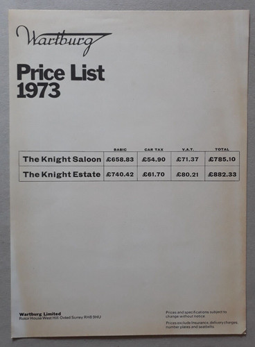 Wartburg knight price list - knight,