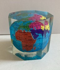 Vintage Lucite Globe Acrylic Floating World Earth 2” Inch Octagonal Paperweight