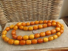 ANTIQUE YELLOW BUTTERSCOTCH EGG YOLK AMBER BARREL BEAD NECKLACE 81GM