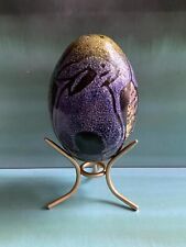 Purple Gold Studio Pottery Egg with Bunny Rabbit Design Easter Décor + Stand