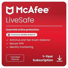 McAfee LiveSafe 2025 Antivirus Unlimited PC Devices 1 Year (EMAIL)