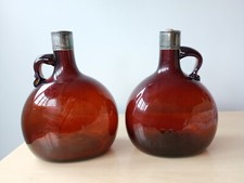 Antique Pair of 19th Century Amber Glass Flagon Decanters + Silver Plate Mounts