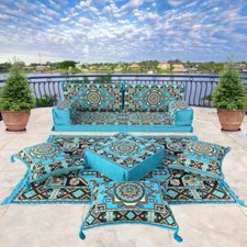 Arabic MAJLIS sofa set l Bohemian turquoise FLOOR cushions l Three seater  SOFA