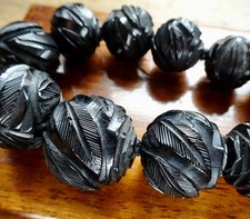 antique Victorian BIG carved Whitby Jet black flower bead necklace -716
