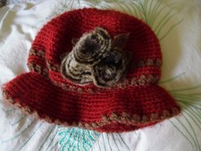 Kurt Muller - Crochet pull on Red/Brown Hat with fur rosette - Adult size