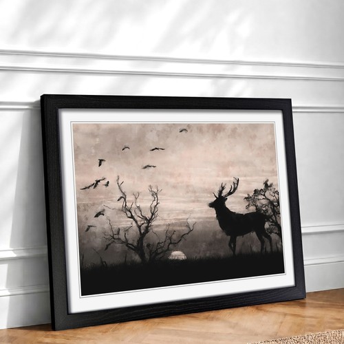 Stag deer with birds framed - deer,