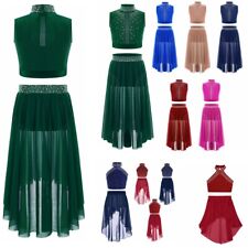 UK Girls Ballet Lyrical Dance Costumes Shiny Rhinestones Crop Top with Skirted