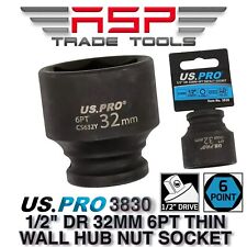 US PRO 32mm Shallow Impact Socket 1/2" Drive 32mm 6 Point Single Hex Impact CR-V