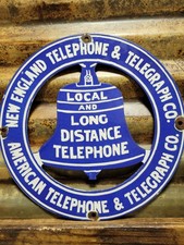 VINTAGE TELEPHONE PORCELAIN SIGN AMERICAN TELEGRAPH NEW ENGLAND PHONE BOOTH SIGN