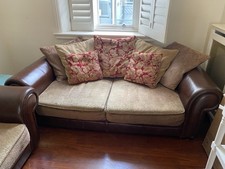 2 x 4 Seater Leather/fabric Sofa With Scatter Back Cushions