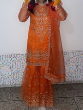 ShaPosh 3 Piece Garara Organge Wedding Mehndi Pakistani Indian Suit medium 