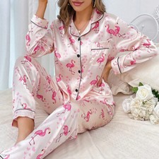 Womens Ladies Satin Nightwear Pyjamas 2Pcs Set Silk PJS Long Sleeve Sleepwear 