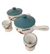 Denby Stoneware Greenwheat Lidded Soup Bowls  loop handle X 2 And 2 Egg Cups