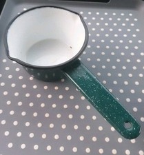 Vintage Rustic Style Green White Specks Black Enamel Milk Pan Handled Pot 