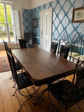 Hand-forged Wrought Iron Dining Table  Six Matching Chairs - Solid Pine Top