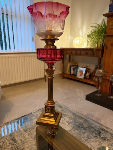 Ruby glass oil lamp with - glass, brass