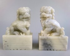 Foo Dogs Fu Lions Temple Guardians. A Pair. Chinese Carved Grey Stone. 4"/ 9cm