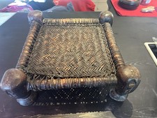 Old Wood & Leather Square Woven Low  Footstool, Unbranded