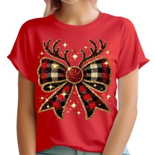 Reindeer Bow Glitter T-Shirt for Women - Christmas, Festive, Sparkle, Holiday#MC