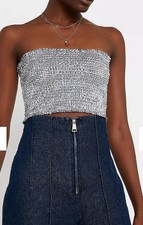 Urban Outfitters Boob Tube Cropped Top Holographic Silver Metallic Glitter Ball