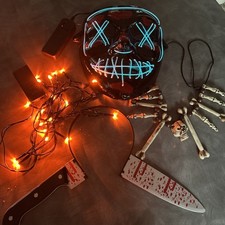 HALLOWEEN bundle Purge Light up Mask, skeleton bone necklace knife headband 