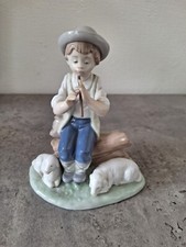 NAO FIGURINE " Shepherd Boy On Log Playing A Whistle With 2 Lambs"
