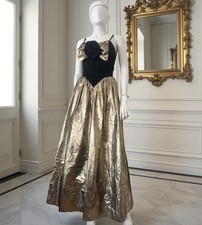 Mariann Ross Vintage 80s Black Gold Metallic Corset Bow Evening Ball Gown Dress