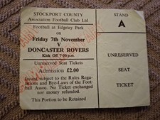 Stockport County v Doncaster Rovers TICKET.  7/11/1980