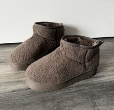 Womens Brown Sherpa Platform Borg Ankle Boots Fluffy Warm Lined Winter Cosy Slip