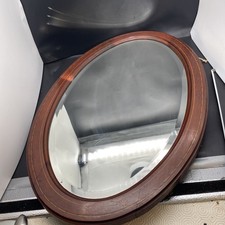 Antique Edwardian Oval Bevelled Edge Wall Mirror With Inlaid Mahogany Frame