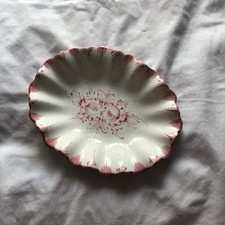 Portuguese Vestal Ceramic Hand painted White & Pink Floral Wavy Edge Oval Dish
