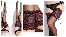 Black Thigh High Stockings Hold-ups Cuban Heel Back Seam Lace Up Wide Floral Top