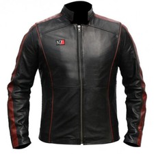 Men's N7 Commander Shepard Mass Effect 3 Real Leather Jacket Black Red Trim
