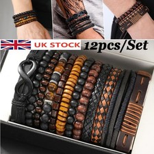 12pcs Set Mens Brown Black Beaded PU Leather Wooden Wristband Bangle Bracelet UK