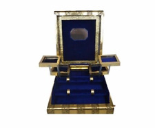 Vintage X-LARGE Rustic Gold Embossed Jewellery Box with NAVY BLUE Cotton Velvet