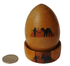 Vintage wooden darning egg from Jerusalem olive wood stand Israel Holy Land 3"