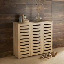Oslo 3 Door Oak Wooden Shoe Storage Cabinet Rack Stand Cupboard Slatted Doors