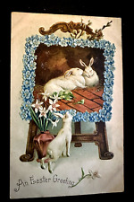Cute Bunny Rabbits on Artist Easel with Flowers~Antique Easter~Postcard~j577