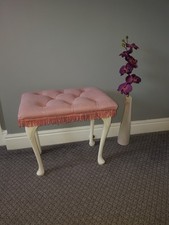 Pink velvet stool with white legs ideal for dressing table or vanity unit