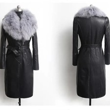 Women Faux Fur PU Leather Trench Coat Jacket Belted Slim Winter Warm Outerwear