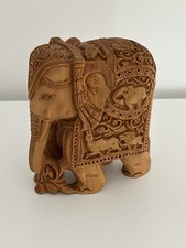 Intricate Hand Carved Royal Indian Elephant Wooden Statue Holding Branch 5x4.5in
