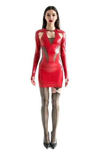 Red latex dress - red,
