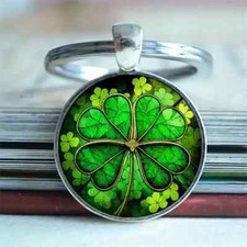 Lucky Crystal Round Four Leaf Clover Keychain Irish Shamrock Keyring