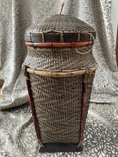 Tall Woven Asian Lidded Basket  19” With Black Wood Base And Red Bamboo Accents 