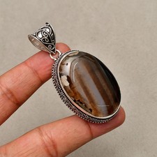 Banded Agate  Gemstone Handmade 925 Sterling Silver Jewelry Pendant 2.32"