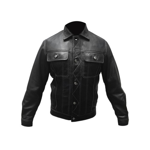 Mens real black leather button - black,