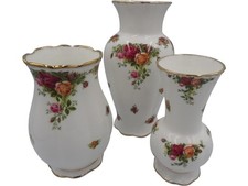 Royal Albert Old Country Roses Ceramic Vases Set Gold Trim Floral Design